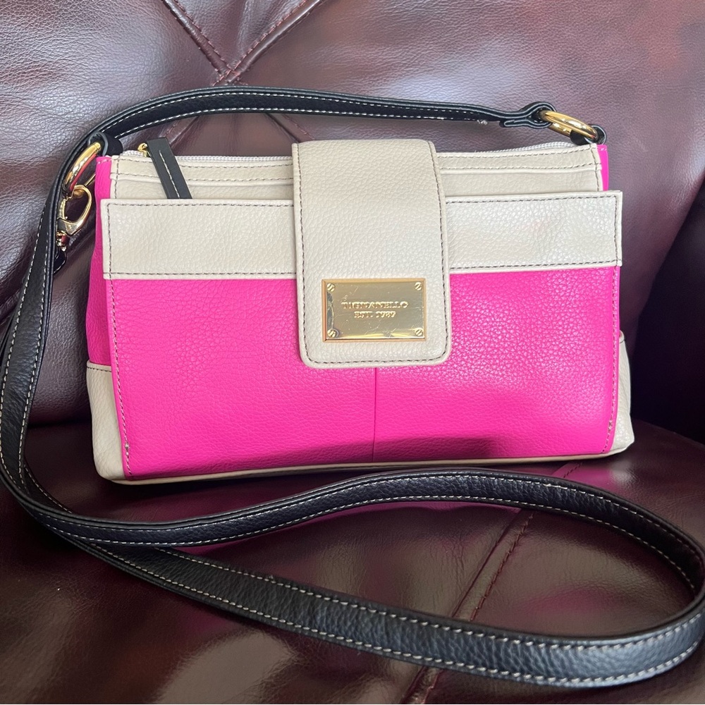 Tignanello Hot Pink Beige Black Leather Crossbody Clutch Handbag - Picture 5 of 17